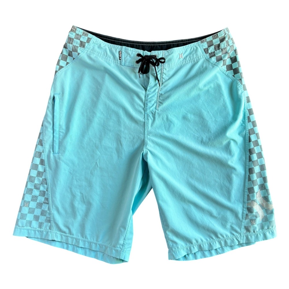 Hurley Mens Large Swim Trunks Board Shorts Checkered Surf‎ 37 Aqua Blue